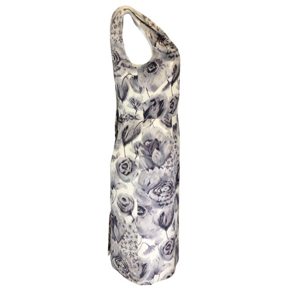 CHRISTIAN DIOR GREY / IVORY PRINTED SLEEVELESS V-NECK SILK MIDI DRESS - Picture 2 of 4